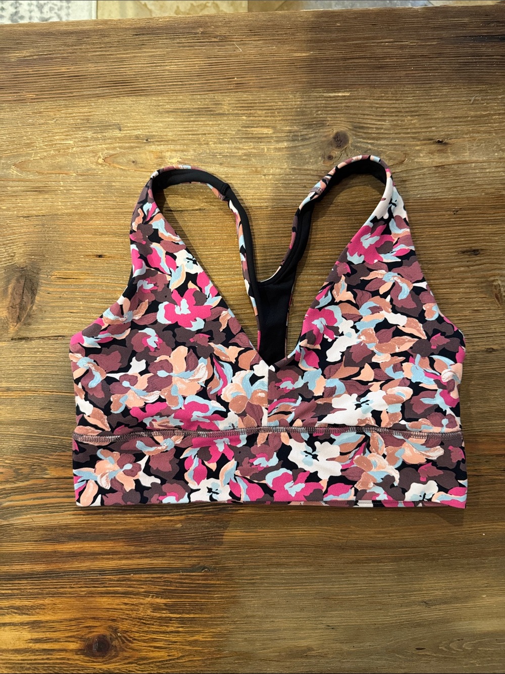 Athleta Pink Multi Floral V-Neck Racerback Sports Bra